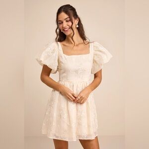 Cathaysa Cream Embroidered Puff Sleeve Bow Mini Dress